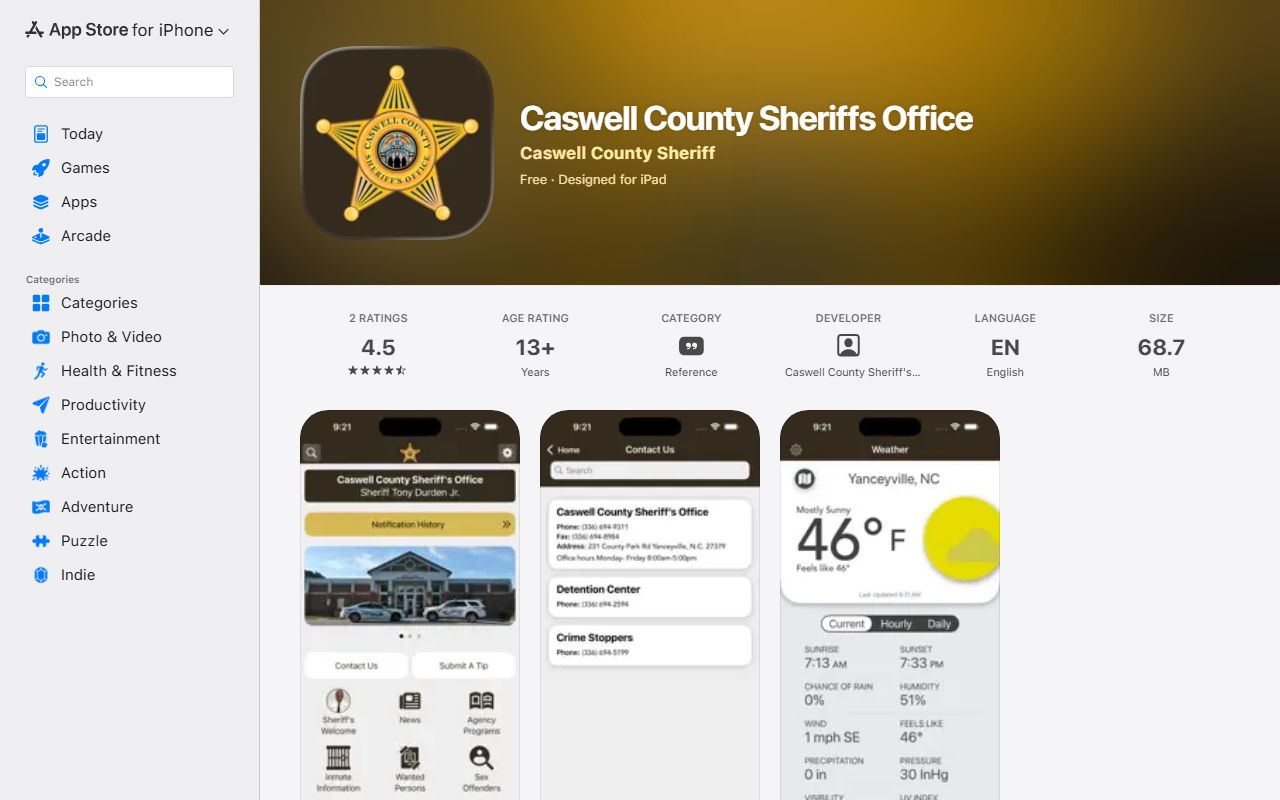 Apple App Store listing for the Caswell County Sheriff's Office app