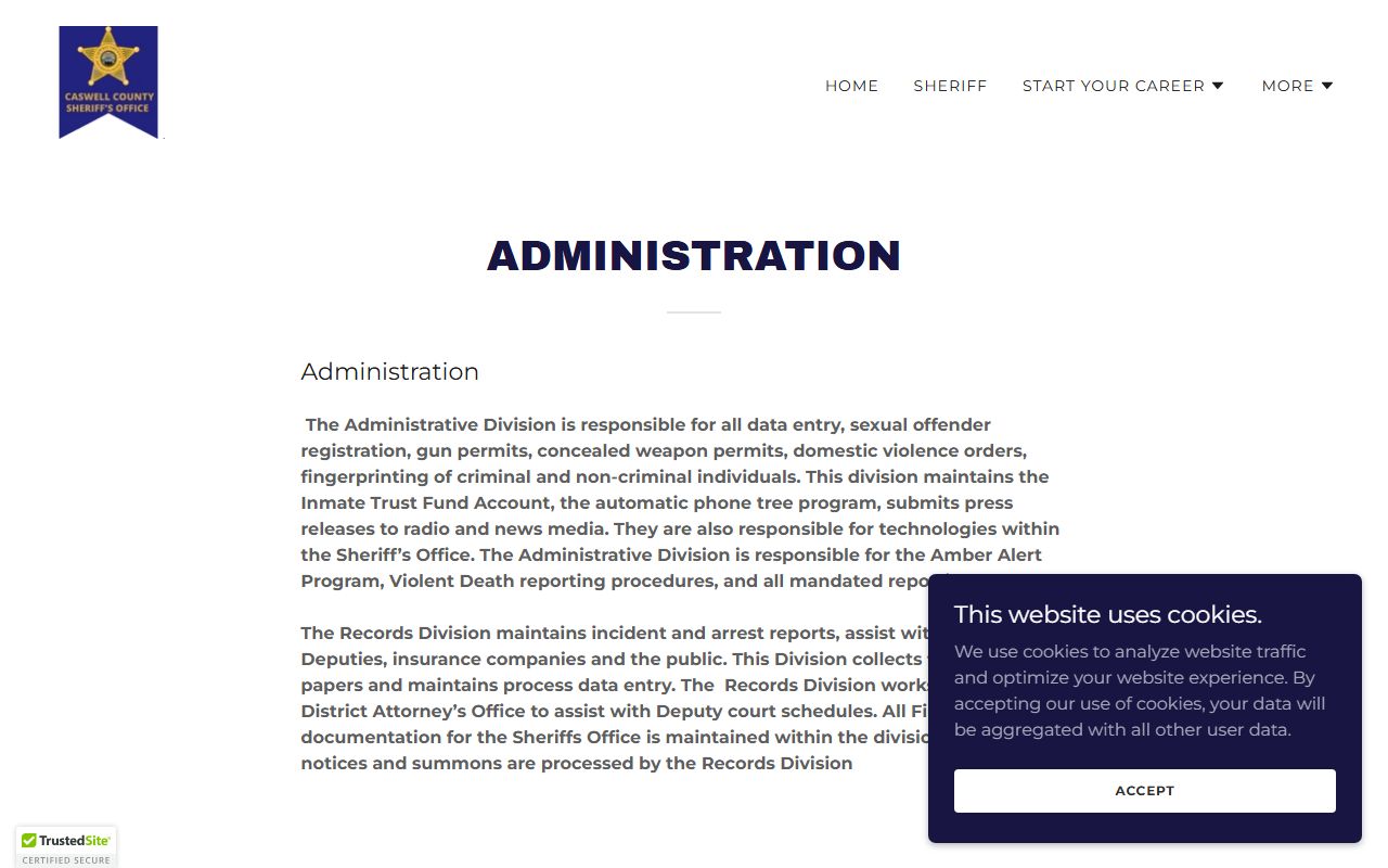 Caswell County Sheriff's Administration and Records Division page