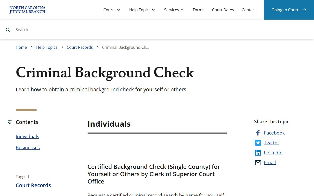 NC Judicial Branch criminal background check page with certified county search information