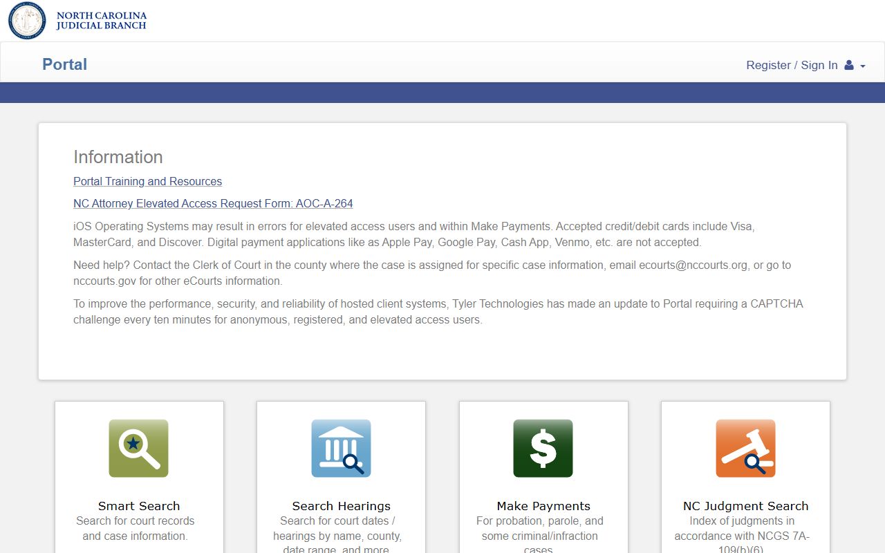 NC eCourts Portal home with Smart Search and hearing search options