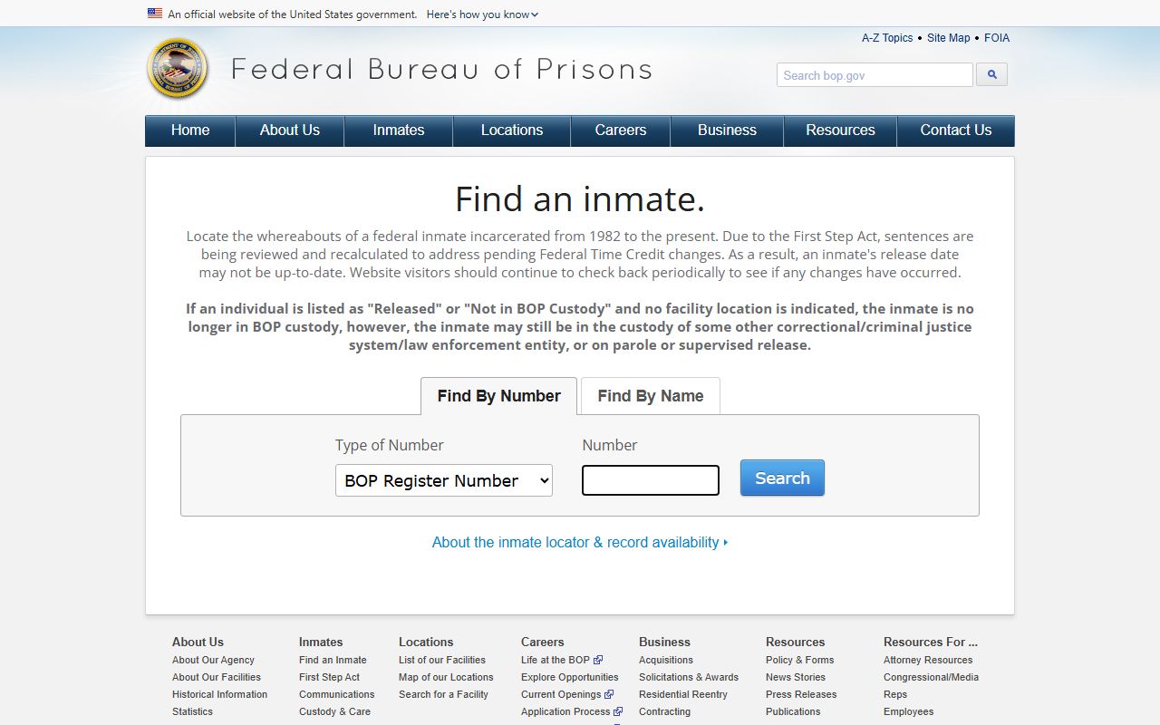 Federal BOP Inmate Locator with number and name search tabs