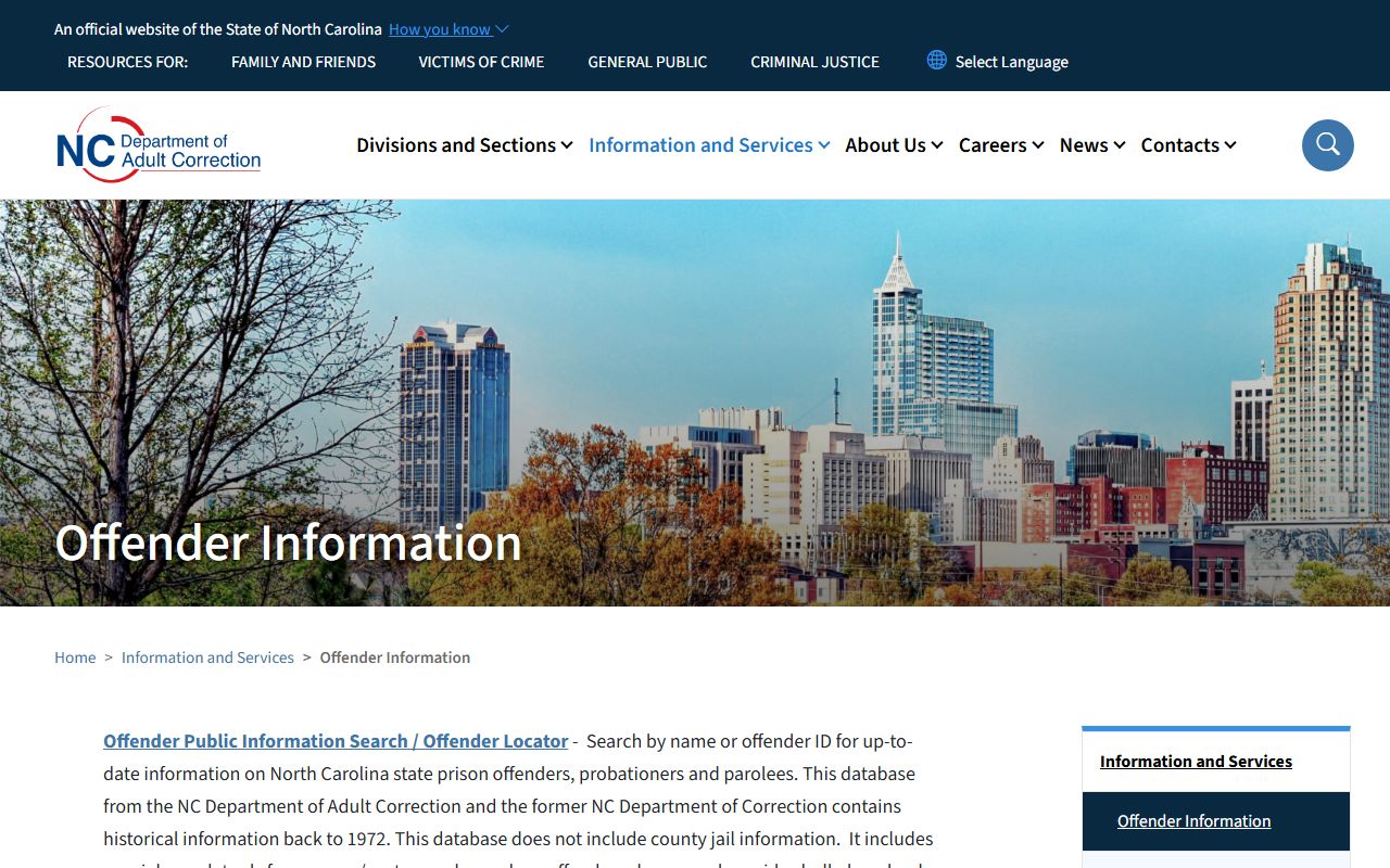 NC DAC offender information page explaining state locator coverage