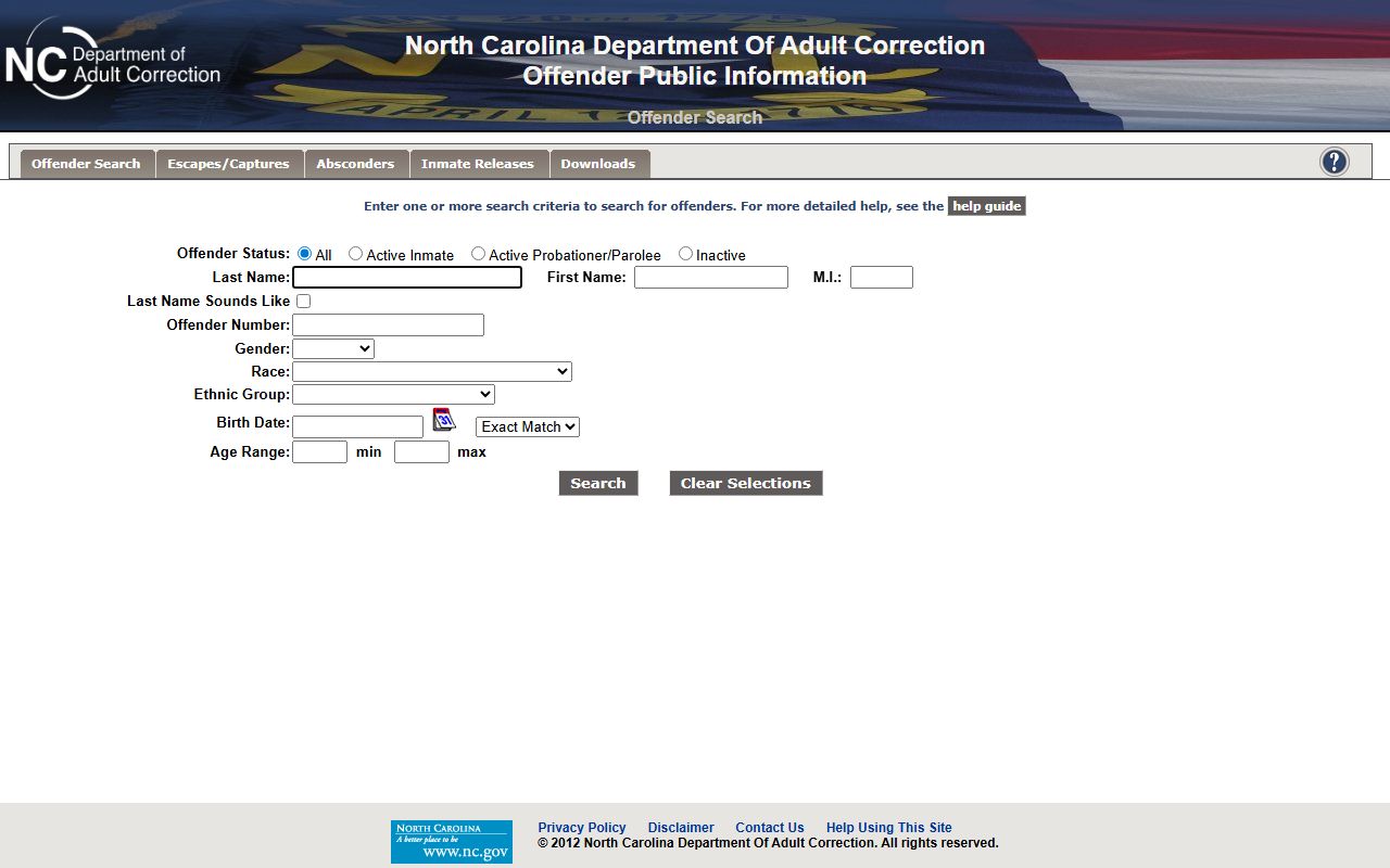 NC DAC offender search form with name and offender number filters